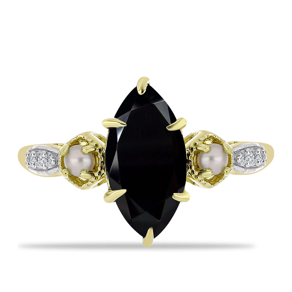 Goldplattierter Silberring mit schwarzem Onyx aus Suwar und weißer Süßwasserperle