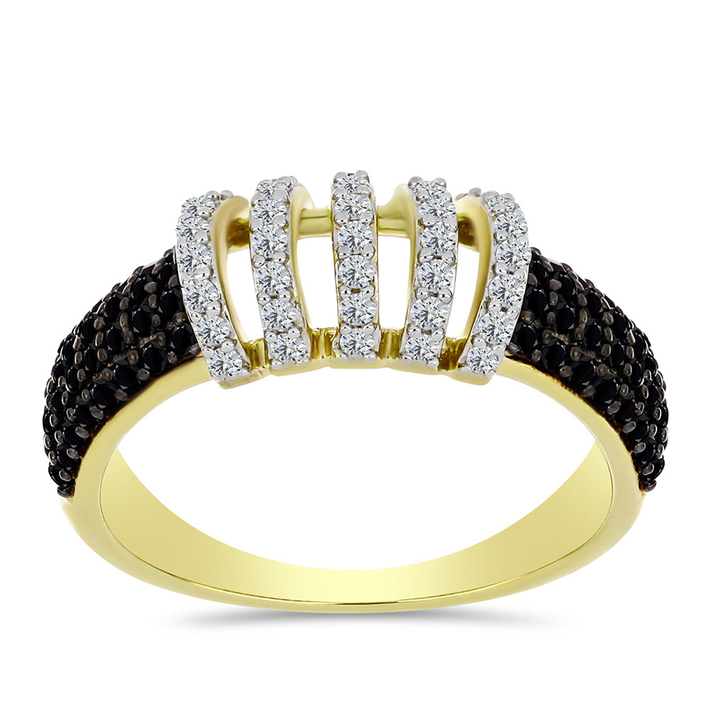 Goldplattierter Silberring mit schwarzem Spinell und weißem Topas