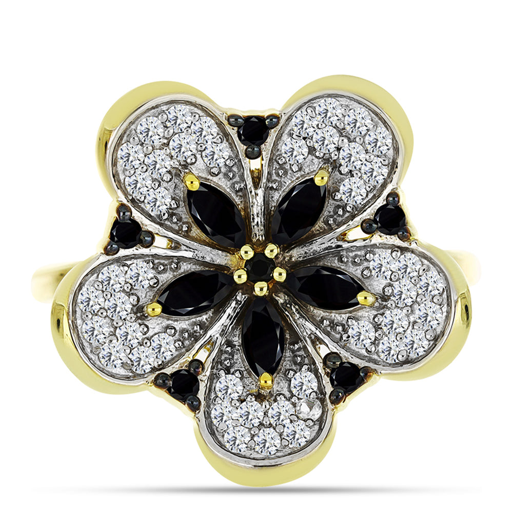 Goldplattierter Silberring mit schwarzem Spinell und weißem Topas