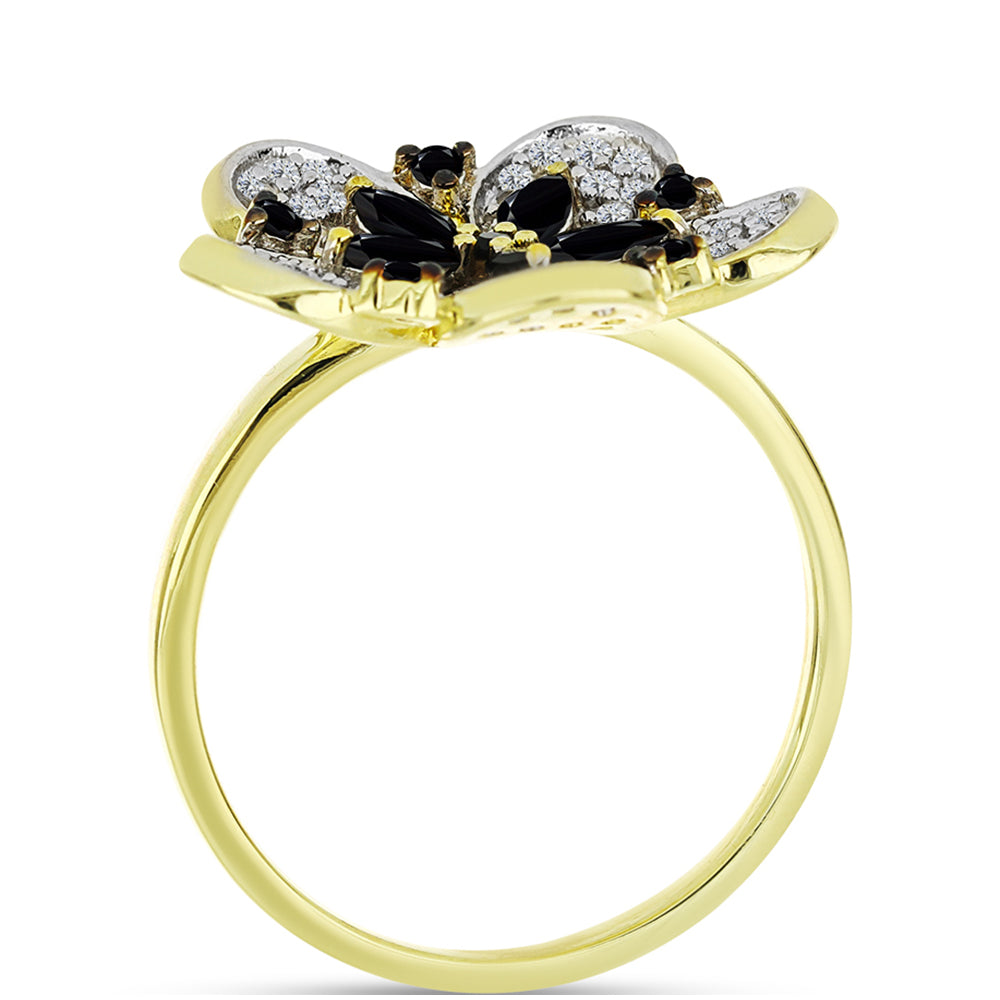 Goldplattierter Silberring mit schwarzem Spinell und weißem Topas