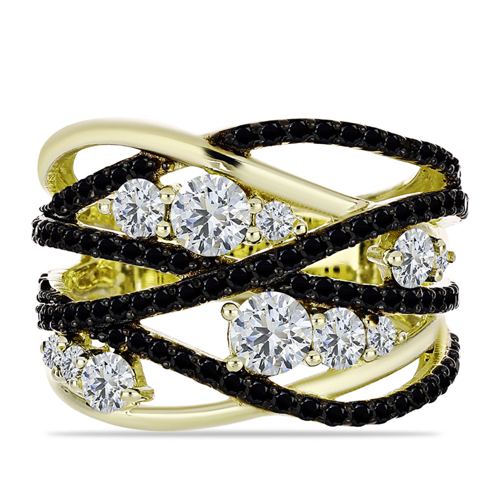 Goldplattierter Silberring mit schwarzem Spinell und weißem Topas