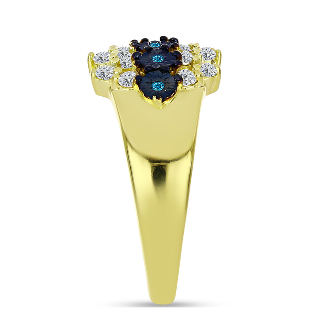 Goldplattierter Silberring mit blauem Diamant und weißem Topas
