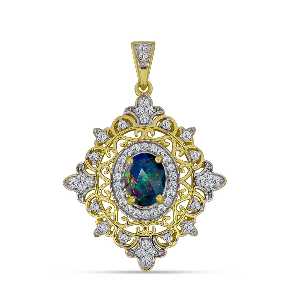 Goldplattierter Silberanhänger mit mitternachtsschwarzem äthiopischen Opal aus Lega Dembi und weißem Topas 1 