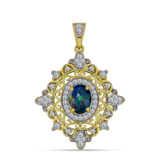 Goldplattierter Silberanhänger mit mitternachtsschwarzem äthiopischen Opal aus Lega Dembi und weißem Topas