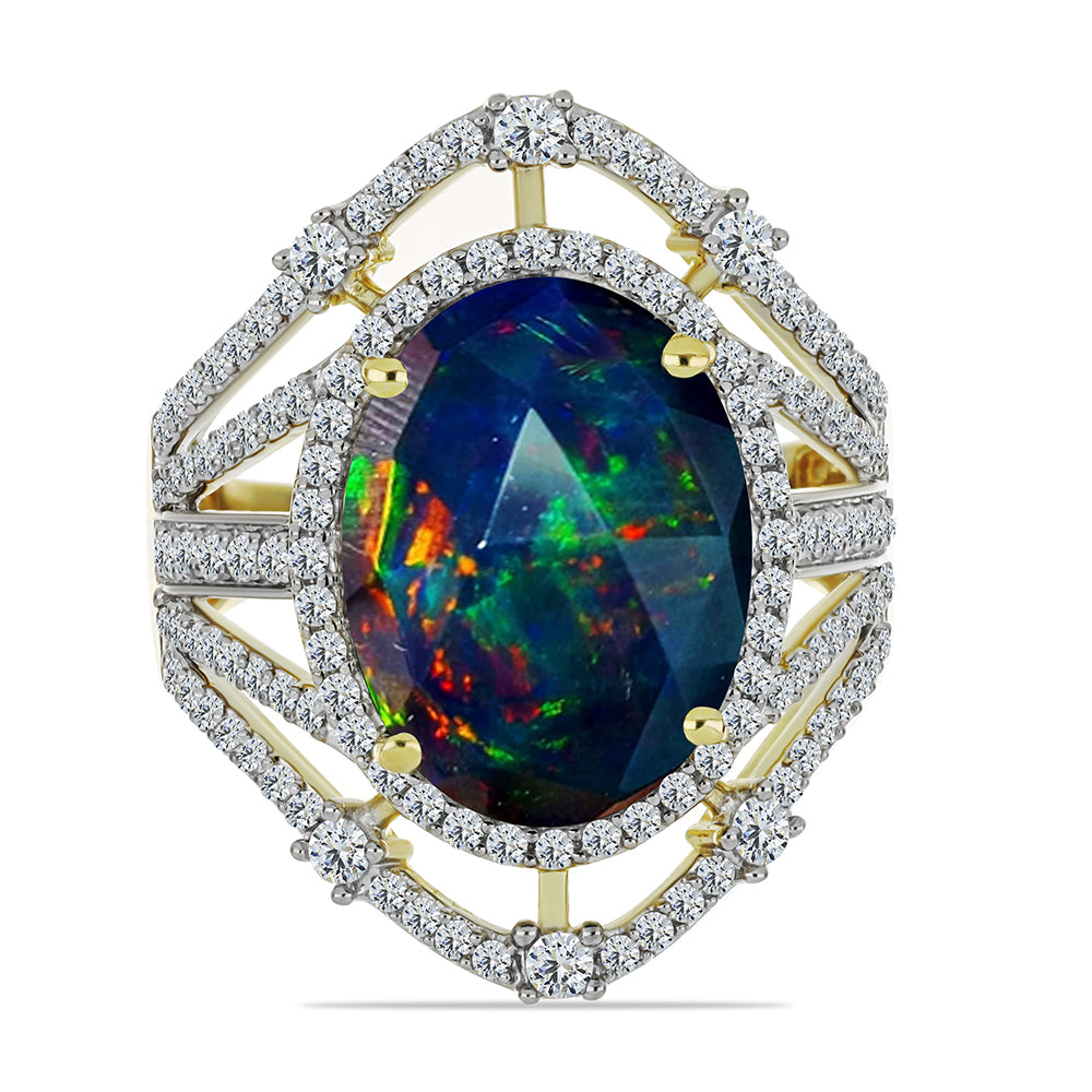 Goldplattierter Silberring mit mitternachtsschwarzem äthiopischen Opal aus Lega Dembi und weißem Topas