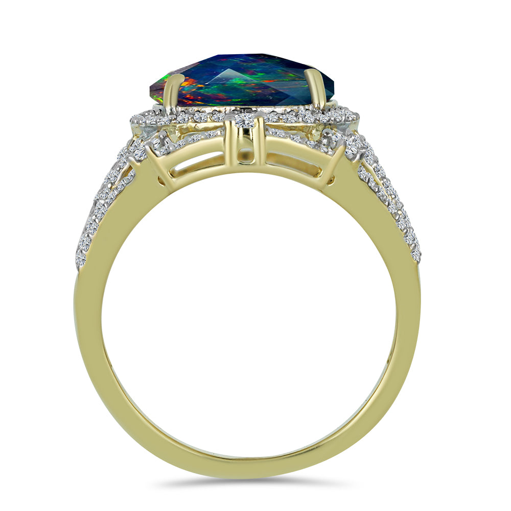 Goldplattierter Silberring mit mitternachtsschwarzem äthiopischen Opal aus Lega Dembi und weißem Topas 2 