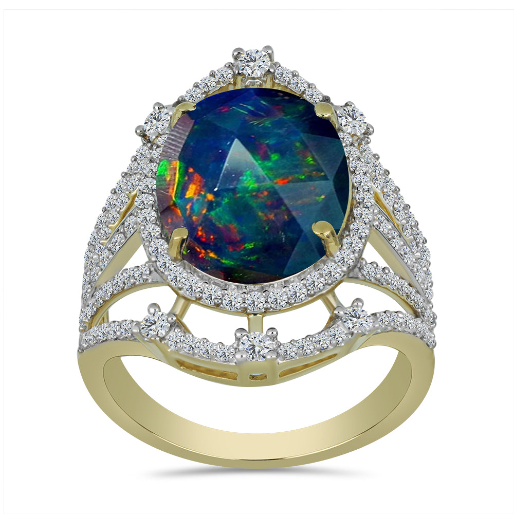 Goldplattierter Silberring mit mitternachtsschwarzem äthiopischen Opal aus Lega Dembi und weißem Topas 3 