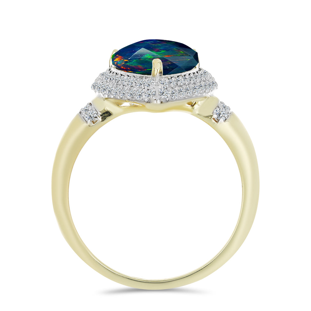 Goldplattierter Silberring mit mitternachtsschwarzem äthiopischen Opal aus Lega Dembi und weißem Topas