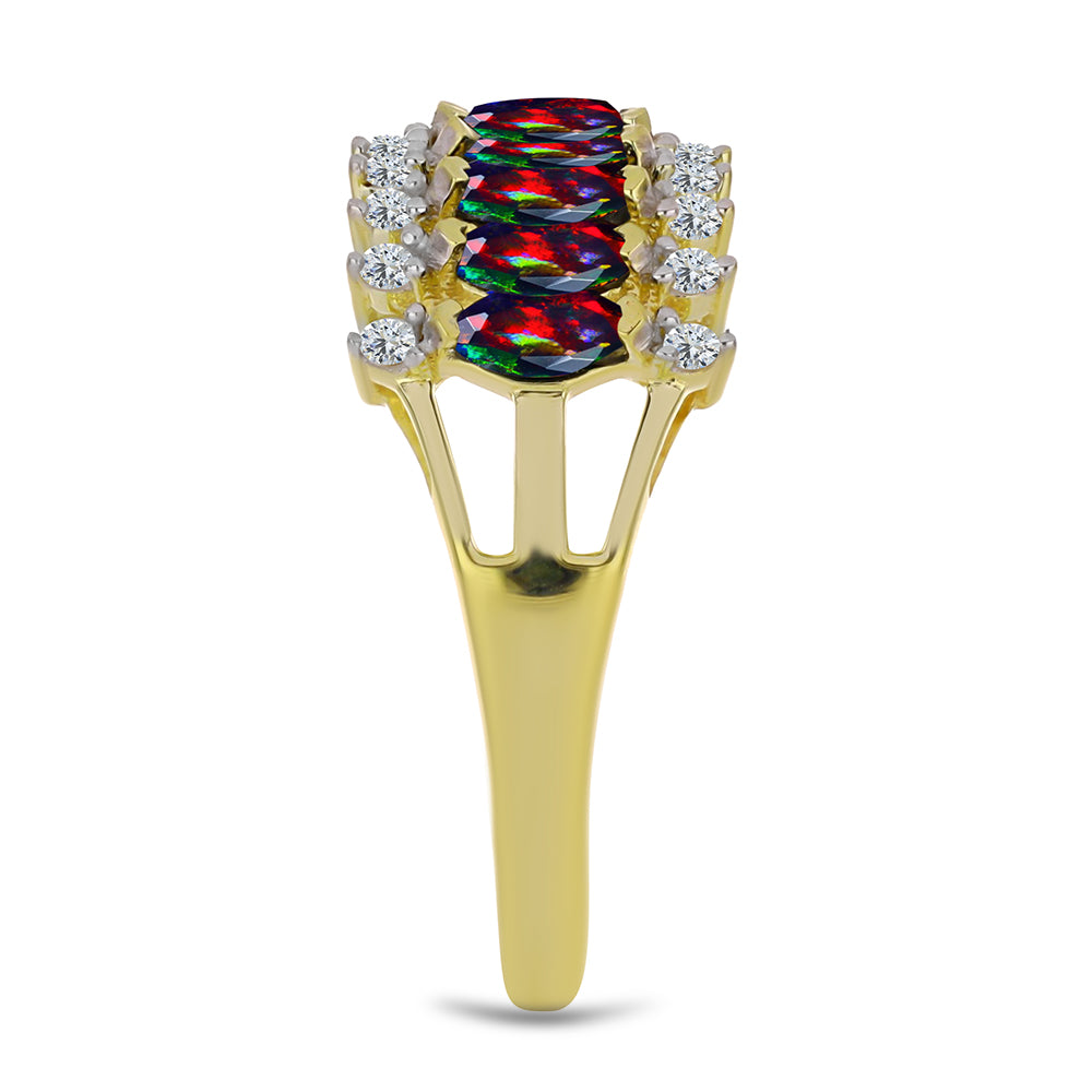 Goldplattierter Silberring mit mitternachtsschwarzem äthiopischen Opal aus Lega Dembi und weißem Topas