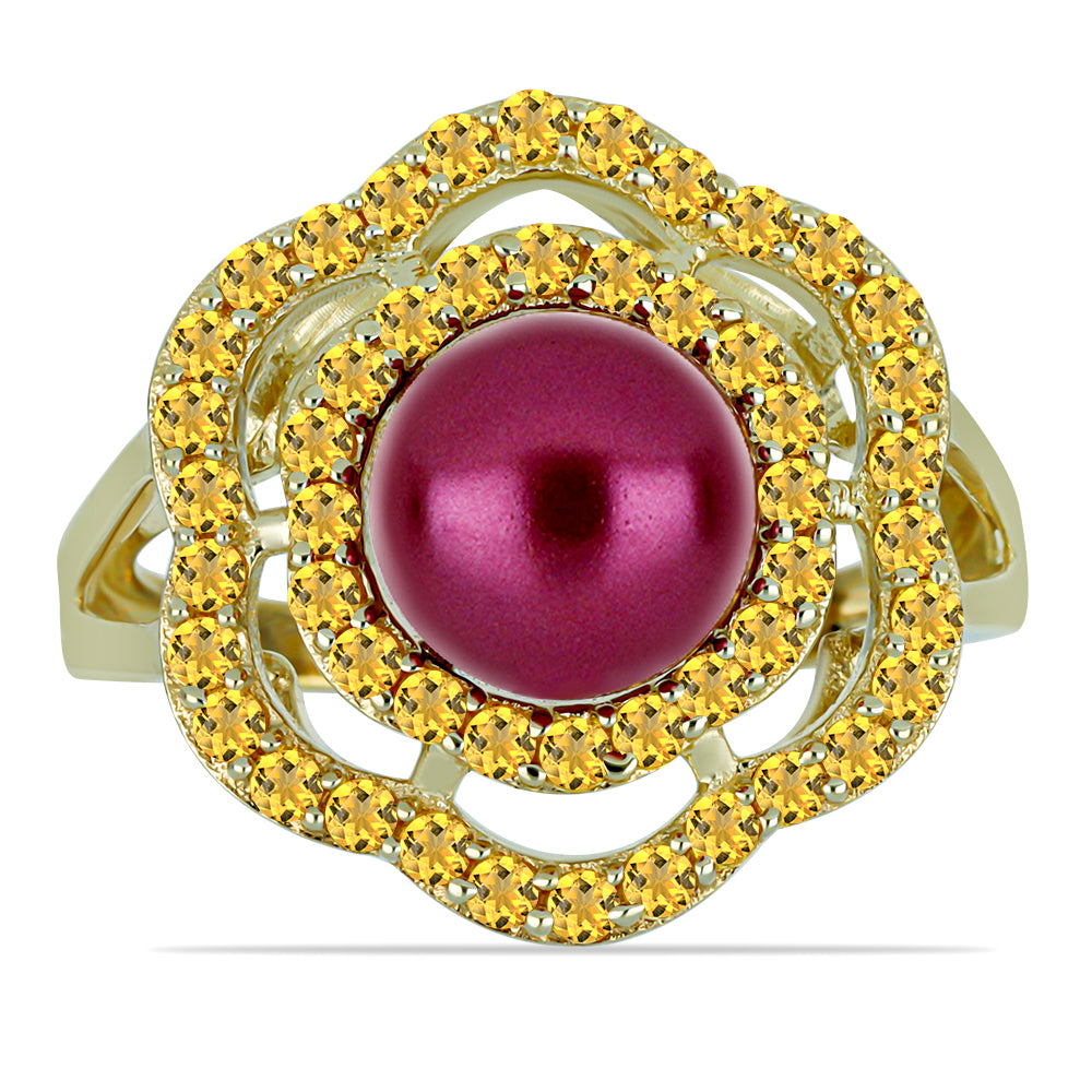 Goldplattierter Silberring mit lilafarbener Süßwasserperle und Zitrin aus dem Ural