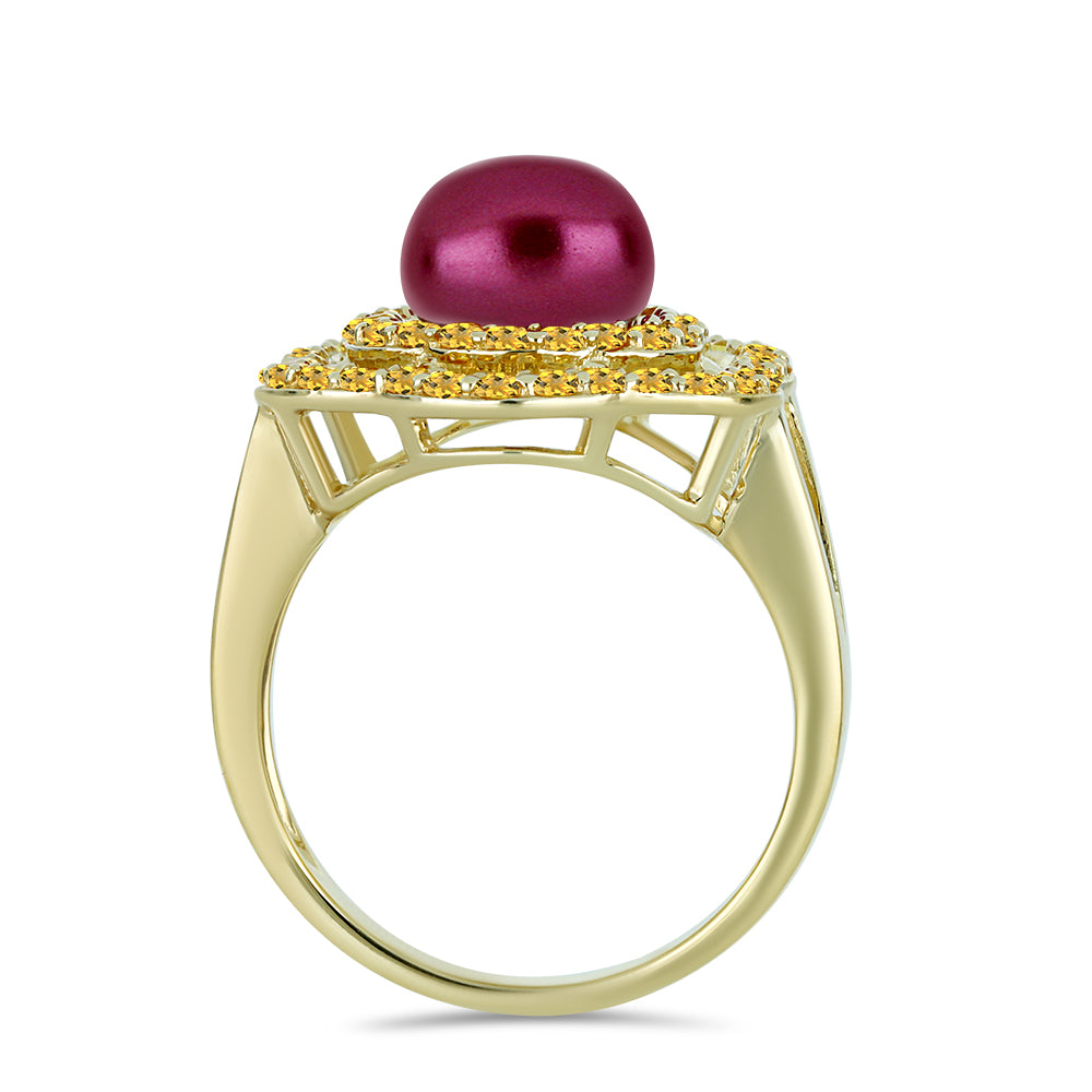 Goldplattierter Silberring mit lilafarbener Süßwasserperle und Zitrin aus dem Ural