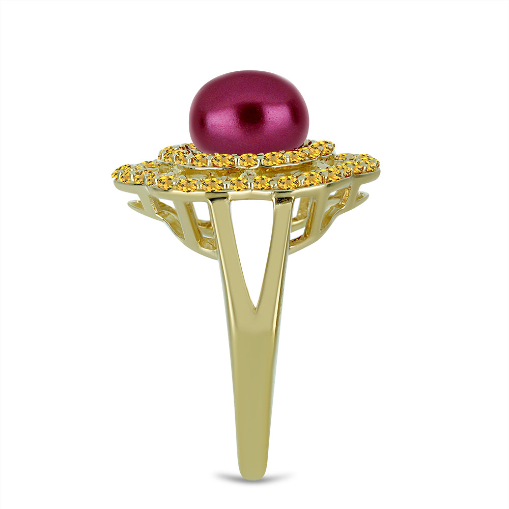 Goldplattierter Silberring mit lilafarbener Süßwasserperle und Zitrin aus dem Ural 4 