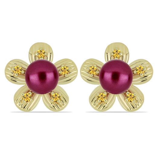 Goldplattierte Silberohrringe mit lilafarbener Süßwasserperle und Zitrin aus dem Ural