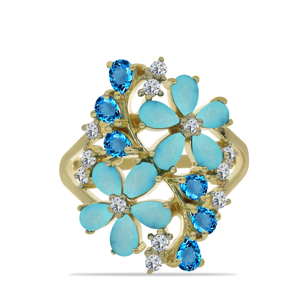 Goldplattierter Silberring mit Dornröschen Türkis und schweizerischem Blautopas