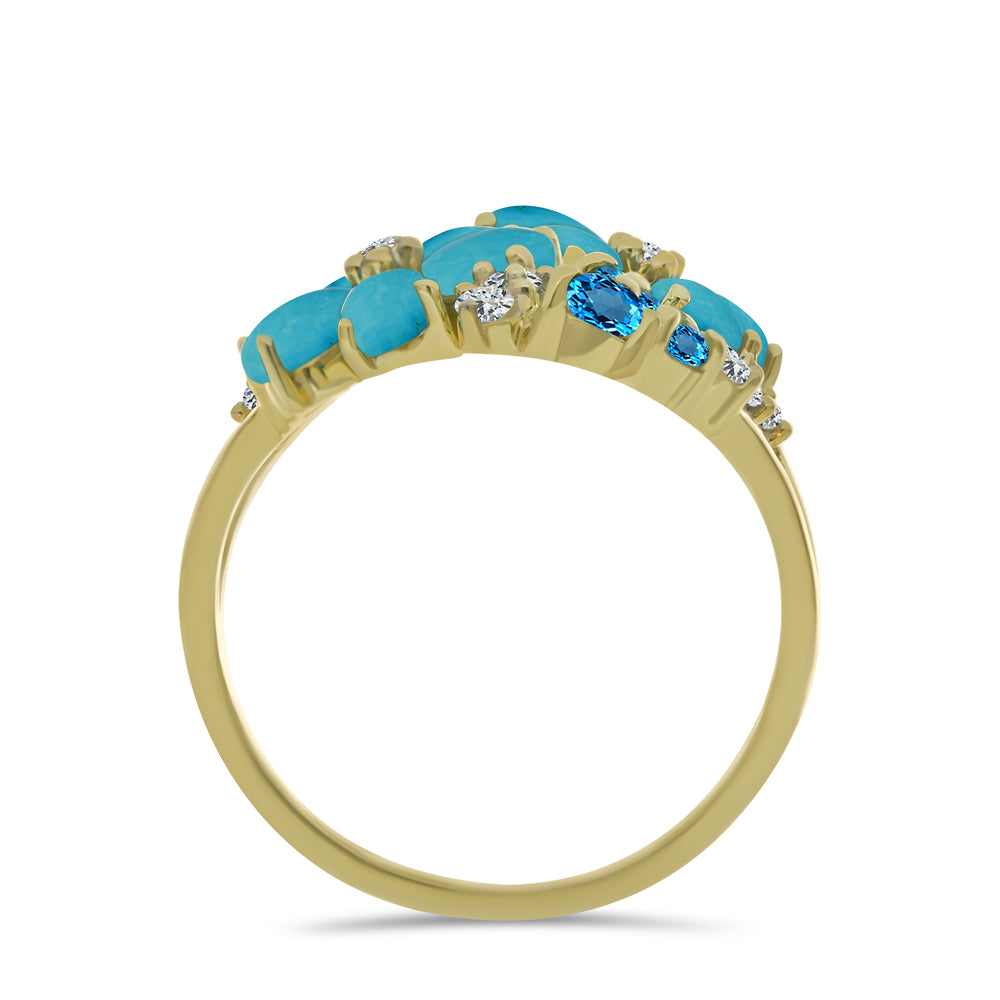 Goldplattierter Silberring mit Dornröschen Türkis und schweizerischem Blautopas