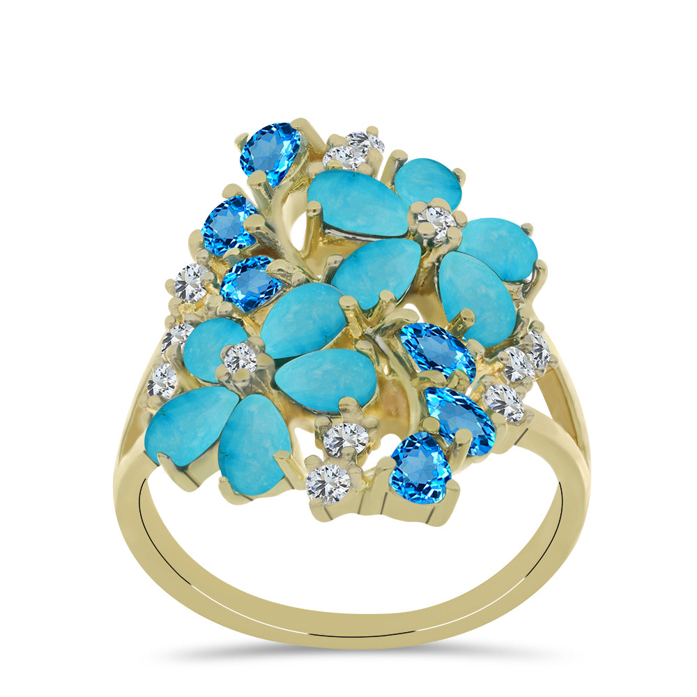 Goldplattierter Silberring mit Dornröschen Türkis und schweizerischem Blautopas 3 