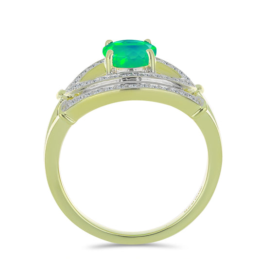 Goldplattierter Silberring mit grünem äthiopischem Opal aus Lega Dembi und weißem Topas