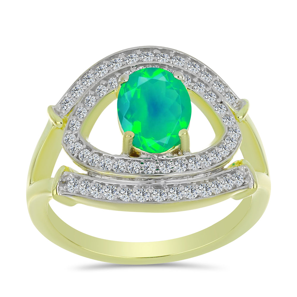 Goldplattierter Silberring mit grünem äthiopischem Opal aus Lega Dembi und weißem Topas 3 