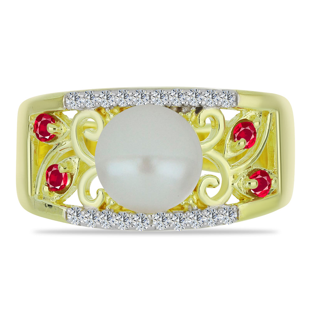 Goldplattierter Silberring mit weißer Süßwasserperle und Rubin aus Madagaskar