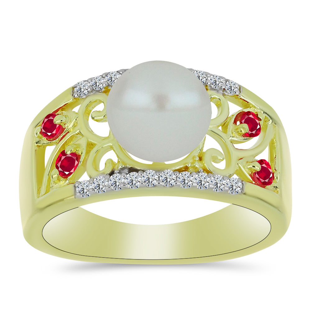 Goldplattierter Silberring mit weißer Süßwasserperle und Rubin aus Madagaskar 3 