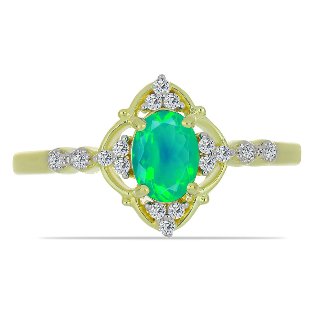 Goldplattierter Silberring mit grünem äthiopischem Opal aus Lega Dembi und weißem Topas