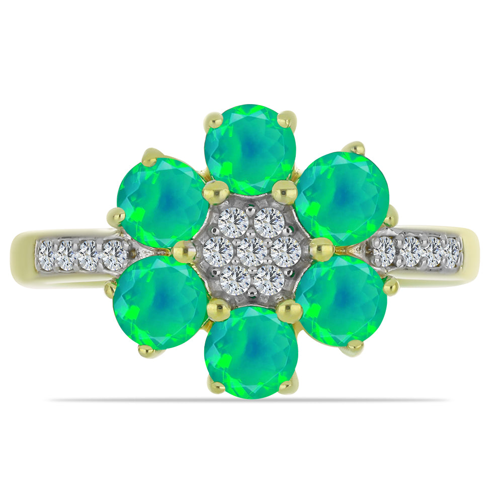 Goldplattierter Silberring mit grünem äthiopischem Opal aus Lega Dembi und weißem Topas