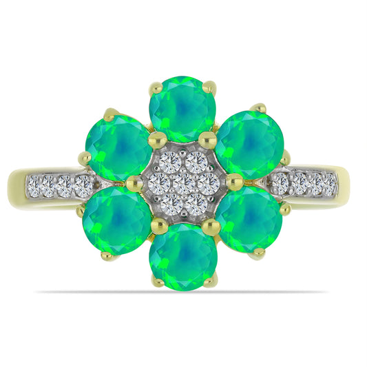 Goldplattierter Silberring mit grünem äthiopischem Opal aus Lega Dembi und weißem Topas