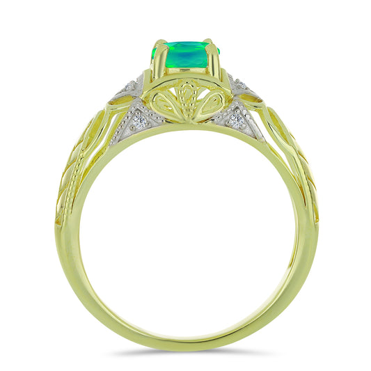 Goldplattierter Silberring mit grünem äthiopischem Opal aus Lega Dembi und weißem Topas