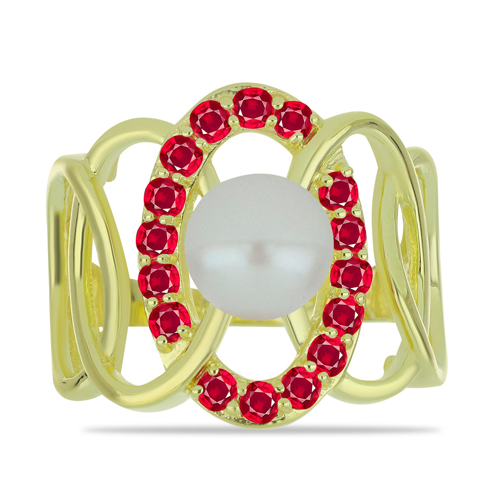 Goldplattierter Silberring mit weißer Süßwasserperle und Rubin aus Madagaskar 1 
