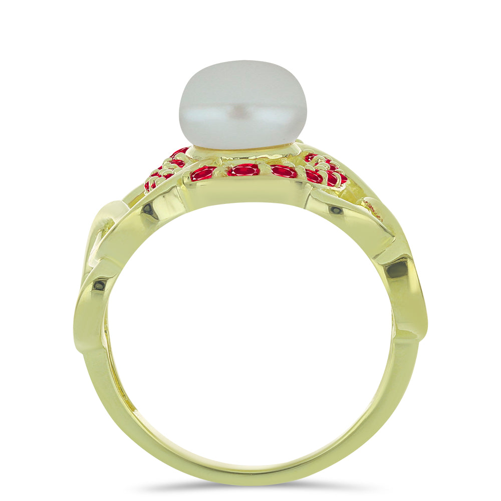 Goldplattierter Silberring mit weißer Süßwasserperle und Rubin aus Madagaskar 2 