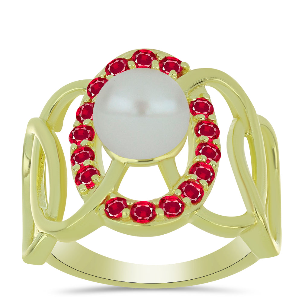 Goldplattierter Silberring mit weißer Süßwasserperle und Rubin aus Madagaskar 3 
