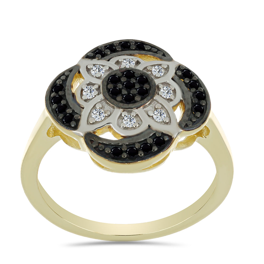 Goldplattierter Silberring mit schwarzem Spinell und weißem Topas