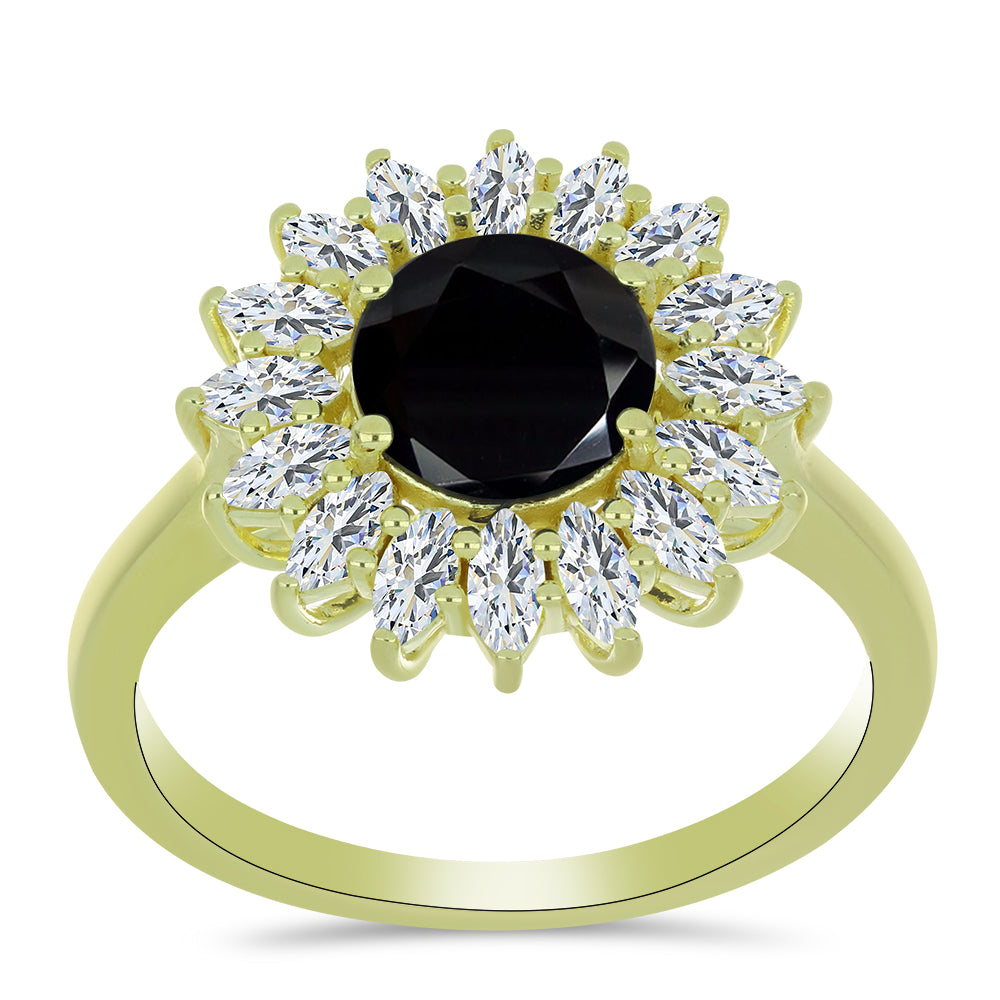 Goldplattierter Silberring mit schwarzem Spinell und weißem Topas