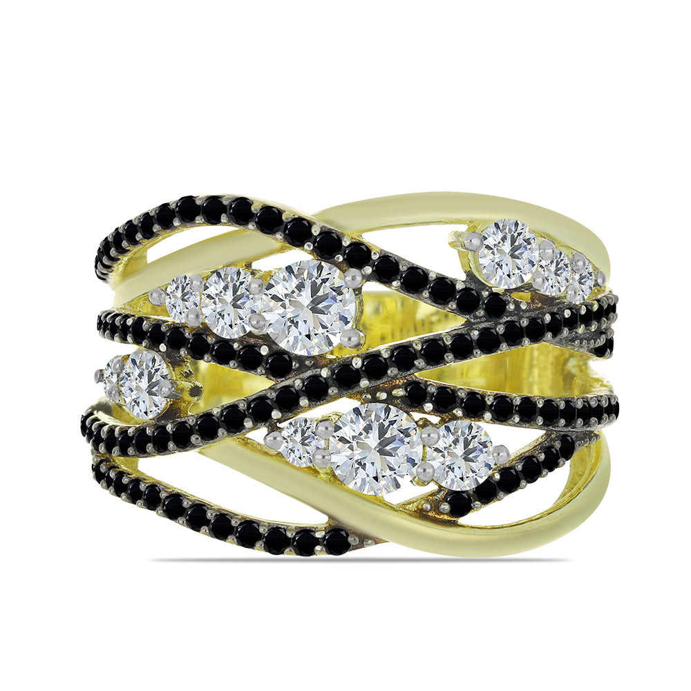 Goldplattierter Silberring mit schwarzem Spinell und weißem Topas