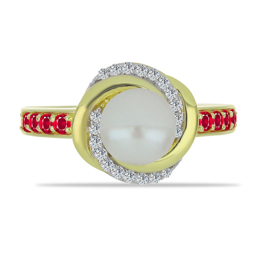 Goldplattierter Silberring mit weißer Süßwasserperle und Rubin aus Madagaskar
