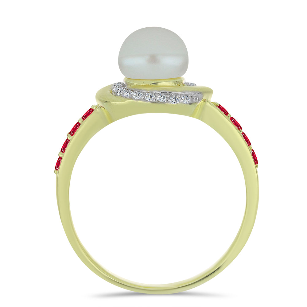 Goldplattierter Silberring mit weißer Süßwasserperle und Rubin aus Madagaskar