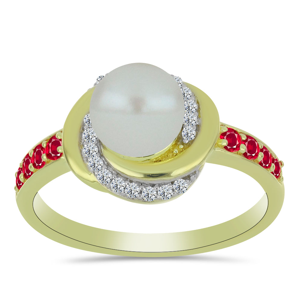 Goldplattierter Silberring mit weißer Süßwasserperle und Rubin aus Madagaskar 3 