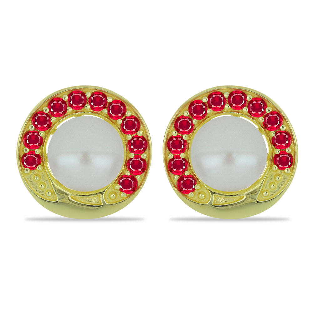 Goldplattierte Silberohrringe mit weißer Süßwasserperle und Rubin aus Madagaskar 1 