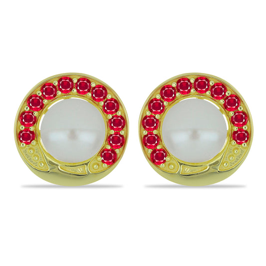 Goldplattierte Silberohrringe mit weißer Süßwasserperle und Rubin aus Madagaskar