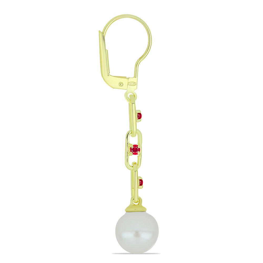 Goldplattierte Silberohrringe mit weißer Süßwasserperle und Rubin aus Madagaskar 2 