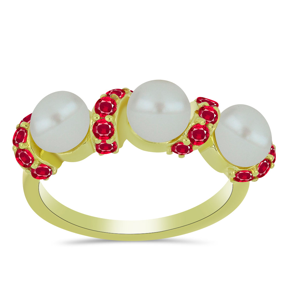 Goldplattierter Silberring mit weißer Süßwasserperle und Rubin aus Madagaskar 3 