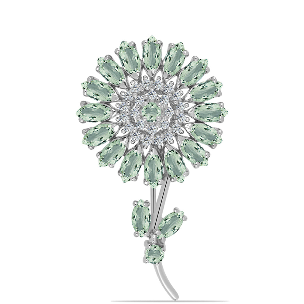 Silberbrosche mit grünem Amethyst und weißem Topas 1 
