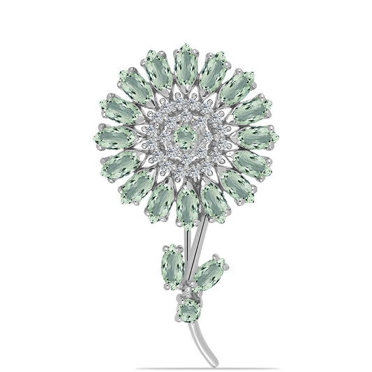 Silberbrosche mit grünem Amethyst und weißem Topas