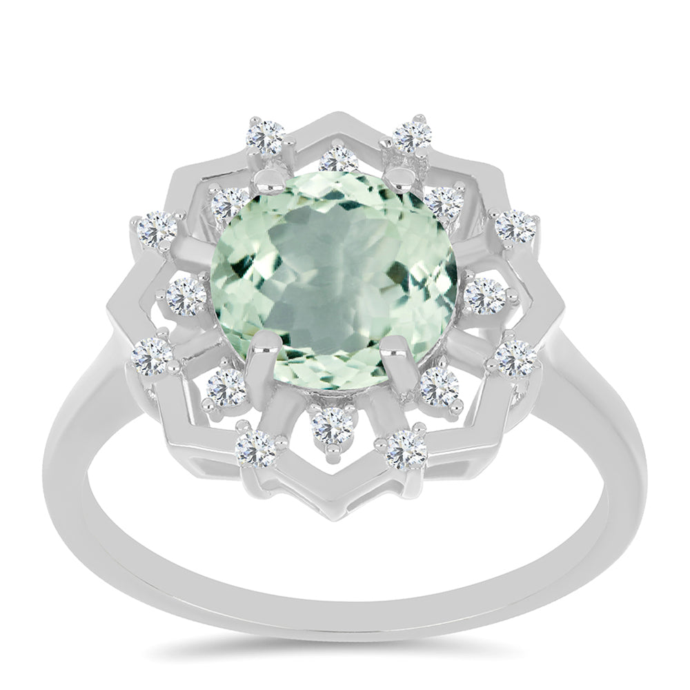 Silberring mit grünem Amethyst und weißem Topas