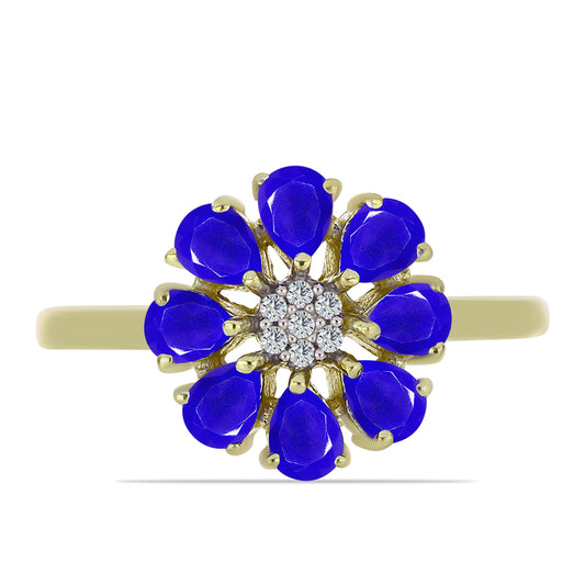 Goldplattierter Silberring mit blauem Achat und weißem Topas