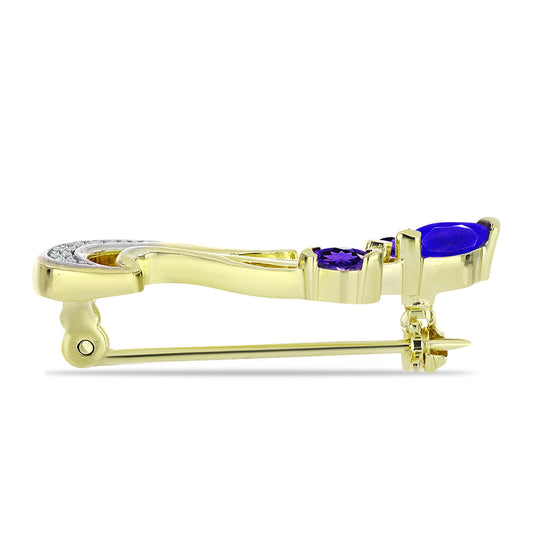 Goldplattierte Silberbrosche mit blauem Achat und marokkanischem Amethyst