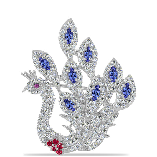 Silberbrosche mit Tansanit und Rubin aus Madagaskar