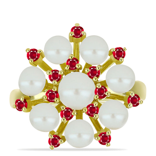 Goldplattierter Silberring mit weißer Süßwasserperle und Rubin aus Madagaskar