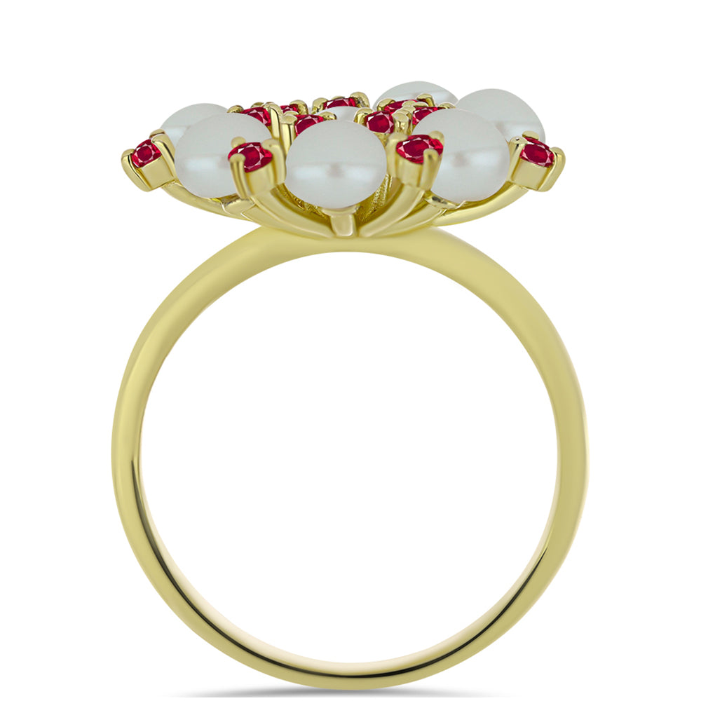 Goldplattierter Silberring mit weißer Süßwasserperle und Rubin aus Madagaskar