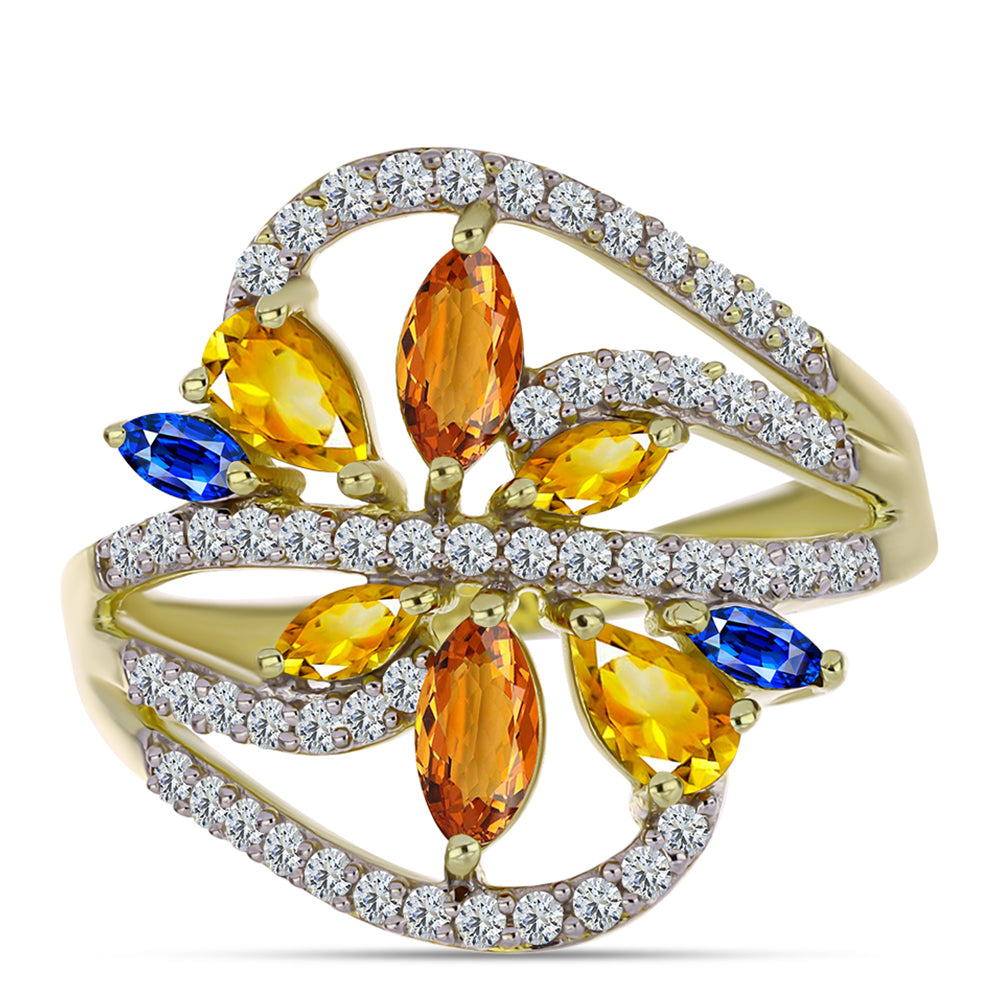 Goldplattierter Silberring mit regenbogenfarbenem Rosebery Saphir und weißem Topas 1 